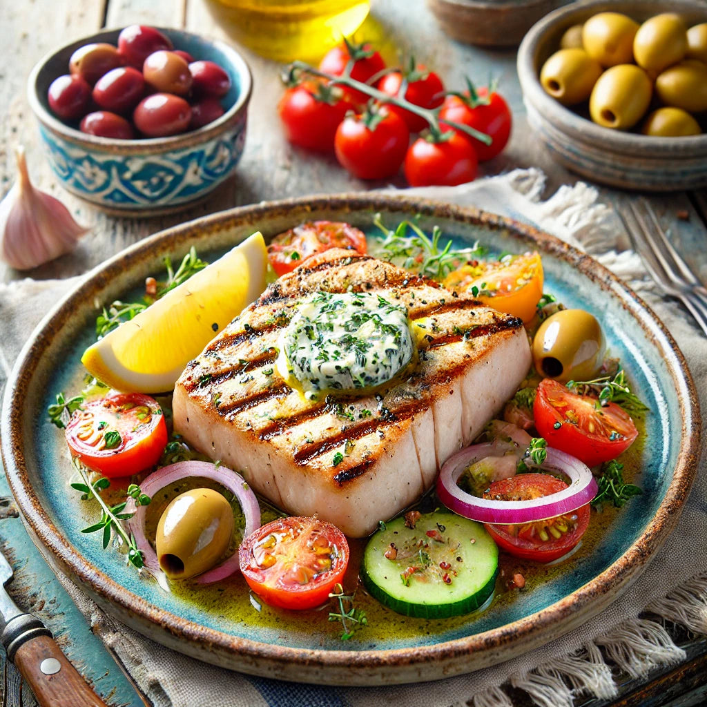 Grilled Swordfish with Lemon Herb Butter and Mediterranean Salsa